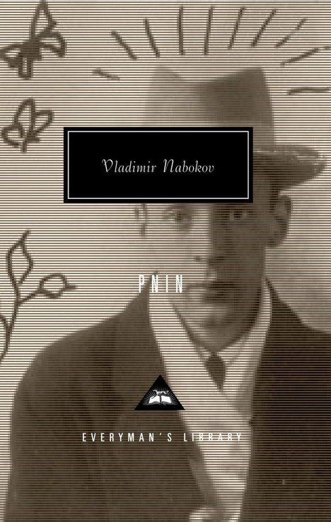 "Vladimir Nabokov", "PNIN", "EVERYMAN’S LIBRARY". Sepia-Foto eines Mannes mit Hut, umgeben von Schmetterlingen; Illustration.