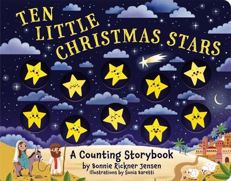 "Ten Little Christmas Stars" und "A Counting Storybook" sind prominent sichtbar. Gelbe Sterne über einem Nachthimmel.