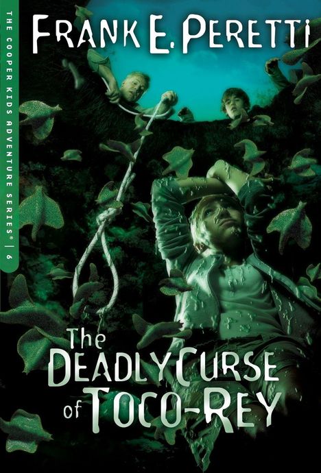 "The Deadly Curse of Toco-Rey" von Frank E. Peretti. Zwei Menschen greifen nach einer Person in einer grünen, unheimlichen Umgebung.