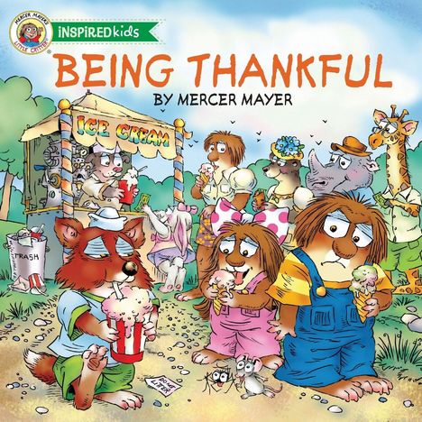 BEING THANKFUL, iNSPIREDkids. Illustration: Tiere essen Eis und gehen an einem Eisstand vorbei. Zwei Mäuse unten rechts.