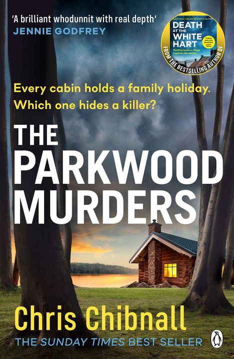 „Every cabin holds a family holiday. Which one hides a killer? The Parkwood Murders.“ Eine Hütte am ruhigen See.
