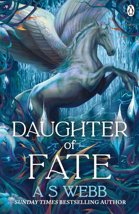 „DAUGHTER OF FATE“ von A S Webb. Illustration eines geflügelten Einhorns in einer fantasievollen, mystischen Umgebung.