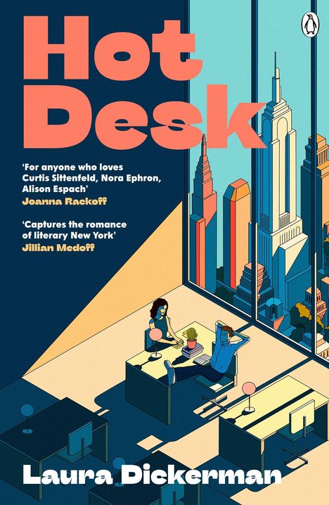 "Hot Desk" in großer roter Schrift. Illustration eines modernen Büros mit Stadtblick, zwei Menschen an Schreibtischen.