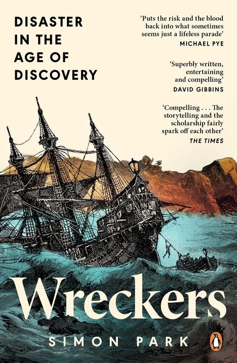 Ein gezeichnetes Schiff kämpft in stürmischer See mit Texten: „DISASTER IN THE AGE OF DISCOVERY“, „Wreckers“, „Simon Park“.