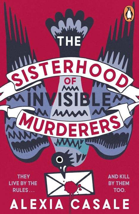 "The Sisterhood of Invisible Murderers" in kräftigen Buchstaben, Vogel mit Brief, roten Tropfen, violettes und rotes Farbschema.