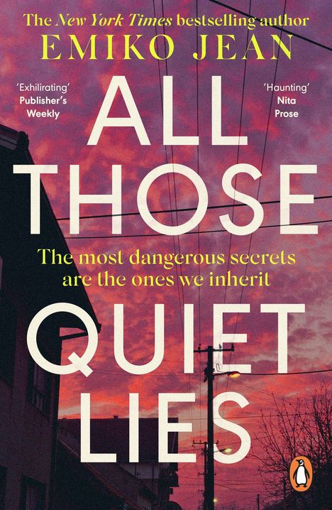 Text: "The most dangerous secrets are the ones we inherit." Hintergrund zeigt Abendhimmel mit Stromleitungen. Logo unten rechts.