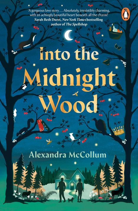 Text: „Into the Midnight Wood“ von Alexandra McCollum. Illustration: Wald mit Tieren, Haus, Personen, Mond am Himmel.