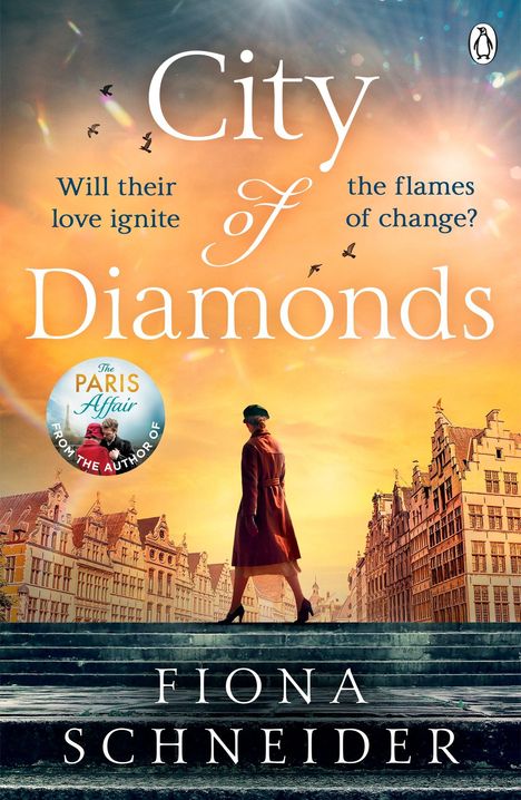 „City of Diamonds“, „Will their love ignite the flames of change?“. Ansicht von Gebäuden mit einer Person in einem Mantel.