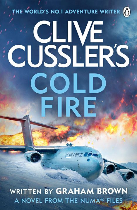 CLIVE CUSSLER'S COLD FIRE. U.S. Air Force Flugzeug in einer Schneelandschaft, darüber Flammen und Rauch.