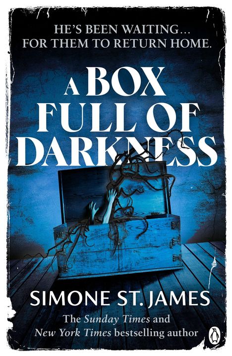 Text: "A Box Full of Darkness", "Simone St. James". Eine blaue Holzbox mit herausragenden Armen und schwarzen Ranken.