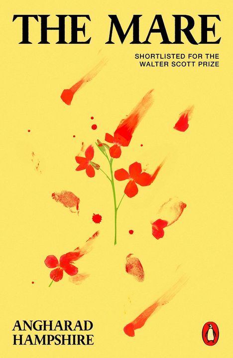 "The Mare" oben, Autor: Angharad Hampshire unten. Gelber Hintergrund, rote Blumen, grüner Stängel, mit einem Logo.