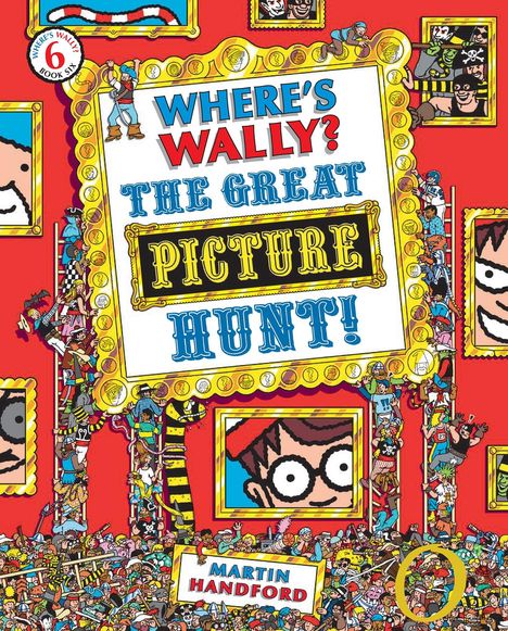 "WHERE'S WALLY? THE GREAT PICTURE HUNT! MARTIN HANDFORD." Buntes Wimmelbild mit vielen Figuren und goldenen Rahmen.
