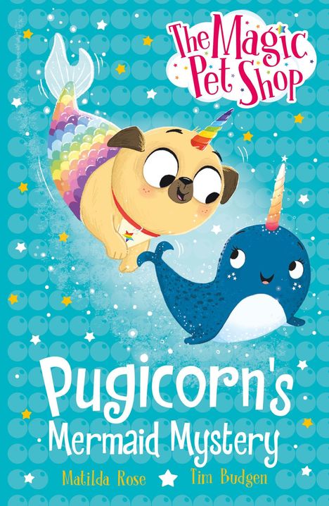 "Pugicorn's Mermaid Mystery" in großen Buchstaben. Ein Pugicorn und ein Narwal spielen auf blauem, sternenübersätem Hintergrund.