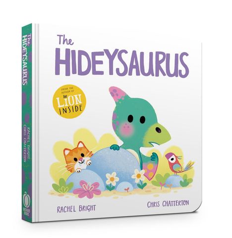 „The Hideysaurus“. Illustration: Ein grüner Dinosaurier, eine Katze und ein Vogel verstecken sich hinter Felsen und Blumen.