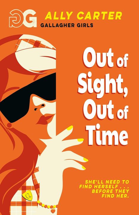 Die Worte "Out of Sight, Out of Time" stehen in Weiß auf orangefarbenem Hintergrund neben der Illustration einer Frau mit Sonnenbrille.