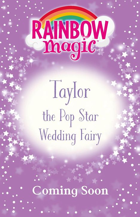 "Taylor the Pop Star Wedding Fairy. Coming Soon." Lila Hintergrund mit Sternen und ein Regenbogen-Logo.