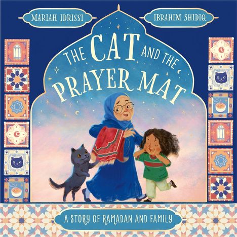 Texte: "IBRAHIM SHIDIQ MARIAH IDRISSI", "THE CAT AND THE PRAYER MAT". Lila Hintergrund, einfaches Design, Logo unten.