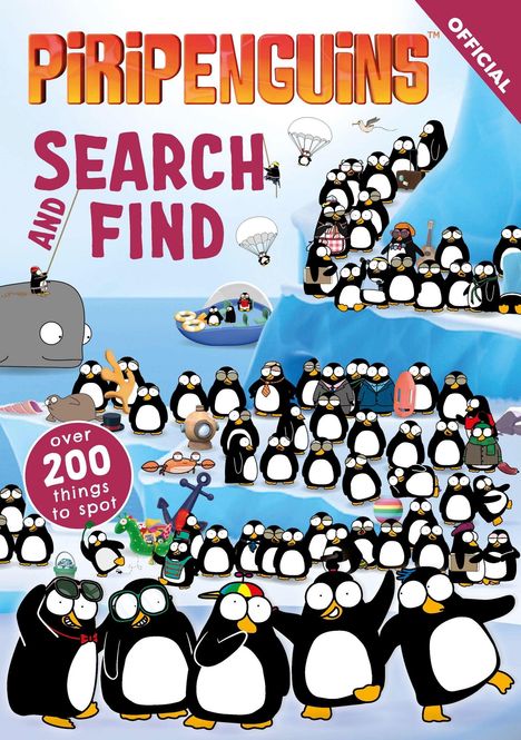 "PiRiPENGUiNS", "SEARCH & FIND", "COVER COMING SOON", fünf cartoonhafte Pinguine auf blauem Hintergrund, Logo von Orchard Books.