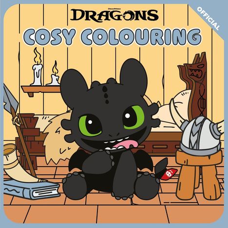 "HOW TO TRAIN YOUR DRAGON", "COSY COLOURING", "COVER COMING SOON". Illustration eines süßen Drachens mit einem Schmetterling.