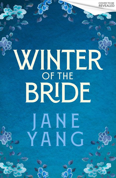 "Winter of the Bride" von Jane Yang. Blauer Hintergrund mit floralen Mustern in den Ecken.