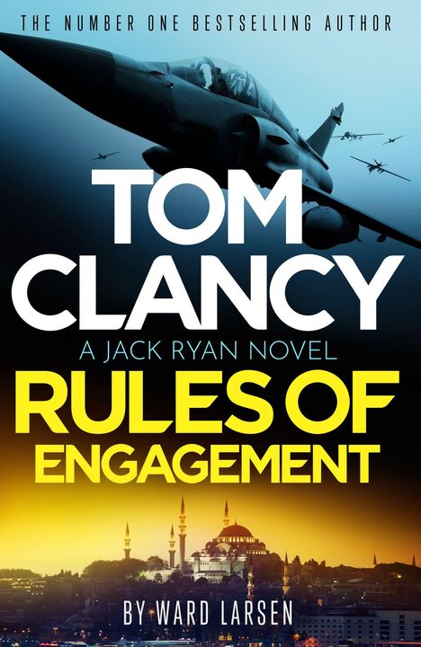 „THE NUMBER ONE BESTSELLING AUTHOR“ oben, darunter „TOM CLANCY“. Ein Kampfjet fliegt, im Hintergrund ist eine Skyline.
