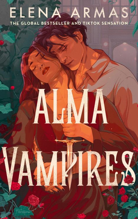 Oben: Elena Armas, darunter: The Global Bestseller and TikTok Sensation. Groß: Alma Vampires. Illustration: Umarmendes Paar.
