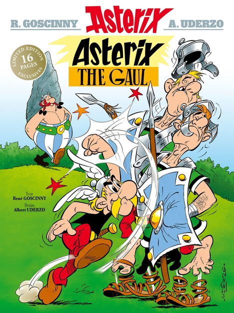 "Asterix the Gaul" Illustration: Asterix schlägt Römer, Obelix hält Hinkelstein. Texte von René Goscinny, Zeichnungen Albert Uderzo.