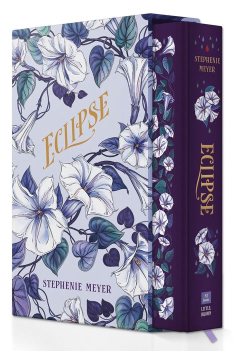 Text: "Eclipse", "Stephenie Meyer". Illustration: große weiße Blumen mit lila Blättern und Ranken auf hellem Hintergrund.
