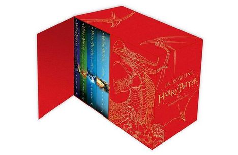 J.K. Rowling, Harry Potter, Complete Collection. Rote Box mit goldenem Drachenmotiv, enthält bunte Buchrücken der Serie.