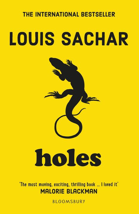 "The International Bestseller", "Louis Sachar", "Holes", Zitat von Malorie Blackman. Gelbes Cover mit schwarzer Eidechse.