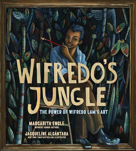 "Wifredo's Jungle: The Power of Wifredo Lam's Art" steht groß. Darunter ein Mensch mit Pinsel in dichter, bunter Vegetation.