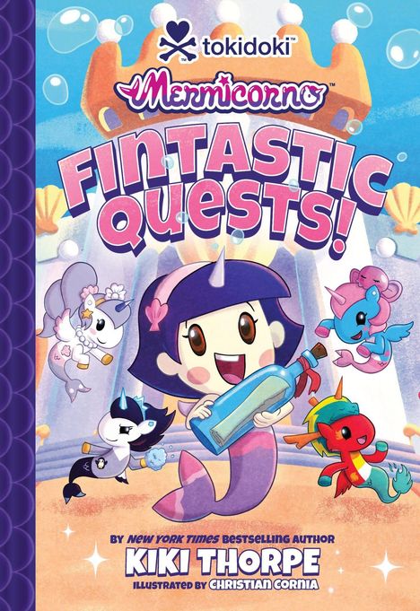 "Fintastic Quests!" in großen, pinken Buchstaben auf einem bunten Cover mit niedlichen, verspielten Meereseinhörnern.