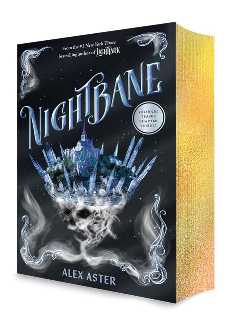 "Nightbane" von Alex Aster. Eine schwebende Stadt mit Kristallen und mystischem Rauch auf einem schwarzen Hintergrund.