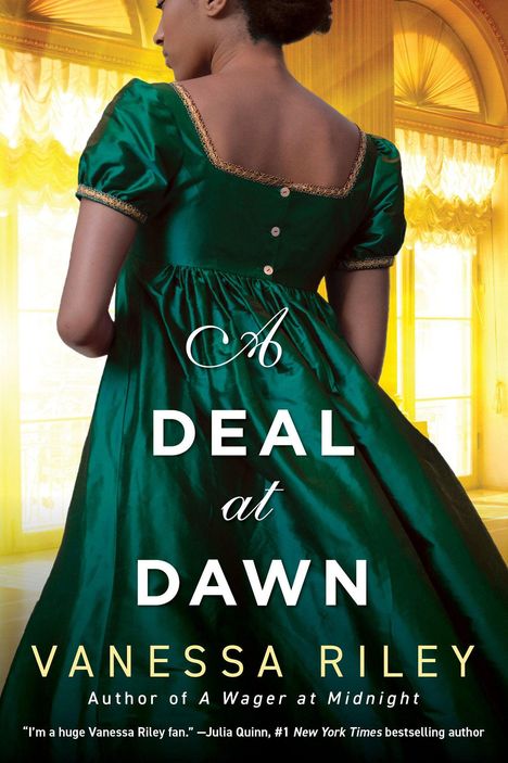 „A Deal at Dawn“ von Vanessa Riley, grün gekleidete Frau in elegantem Raum mit gelbem Licht.