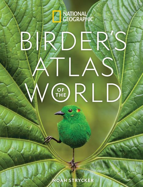 Text: "NATIONAL GEOGRAPHIC BIRDER'S ATLAS OF THE WORLD NOAH STRYCKER." Grüner Vogel sitzt auf großen, grünen Blättern.