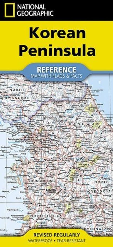"National Geographic", "Korean Peninsula", Karte der koreanischen Halbinsel mit einem gelben und blauen Titelbereich.