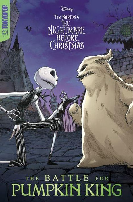 Oben: „Tim Burton's The Nightmare Before Christmas“. Unten: „The Battle for Pumpkin King“. Illustration mit zwei Figuren.