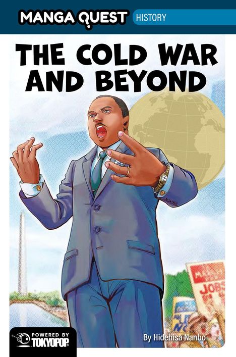 „THE COLD WAR AND BEYOND.“ Illustration: Mann in Anzug, zeigt mit gespreizten Händen. Globus im Hintergrund.