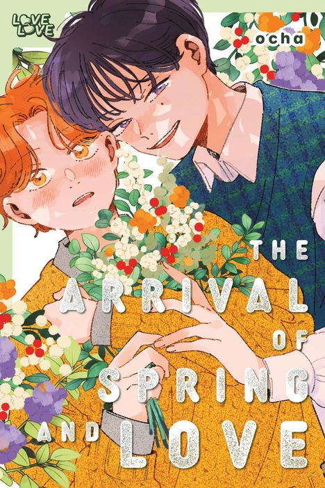 Japanische Schriftzeichen auf blumiger Manga-Illustration, zwei Personen, eine mit orangenem Haar, blühende Kirschblüten.