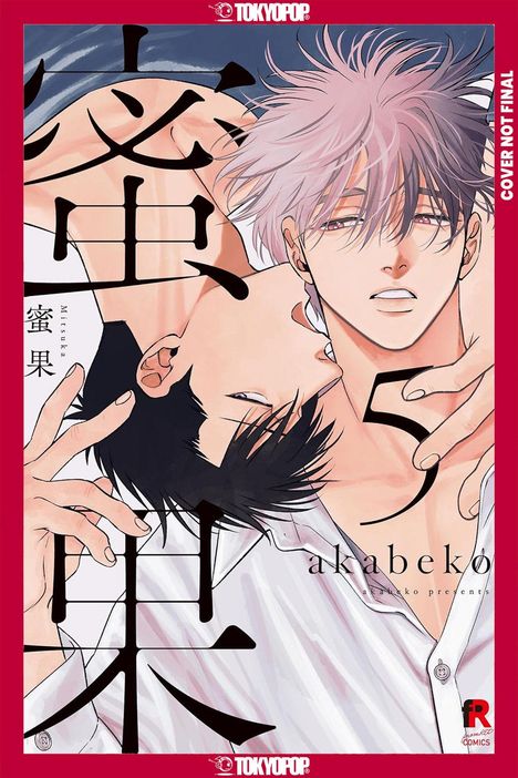 Aufschrift: "Cover not final", "akabeko", "akabeko presents", "Mitsuka". Zwei Männer eng umschlungen, einer mit weiß-rosa Haaren.
