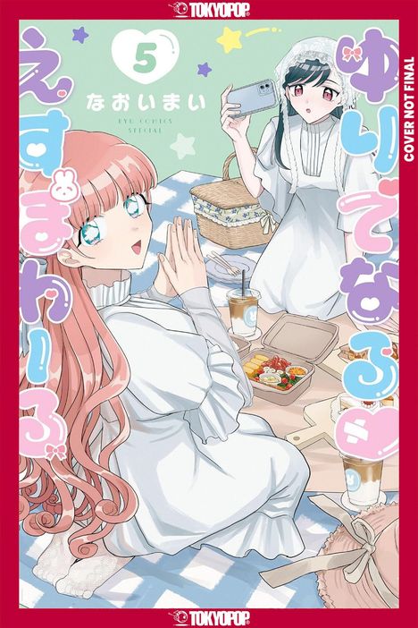 Zwei Manga-Figuren bei einem Picknick, eine mit Handflächen zusammen, die andere mit Getränk. Essen in Bentoboxen.