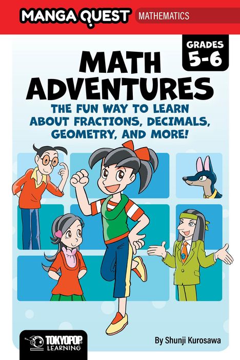 "Math Adventures" für Klassen 5-6: Spaß mit Brüchen, Dezimalen, Geometrie. Manga-Charaktere in fröhlichen Posen.