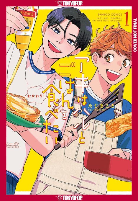 „Let’s eat together, Aki and Haru“ Zwei lächelnde Jungs kochen Omeletts. Jap. Text, bunter Hintergrund.