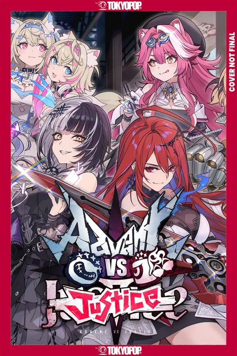 Text: "Advent VS Justice". 

Illustration von fünf stilisierten Anime-Figuren in dynamischen Posen, bunte und fantasievolle Designs.