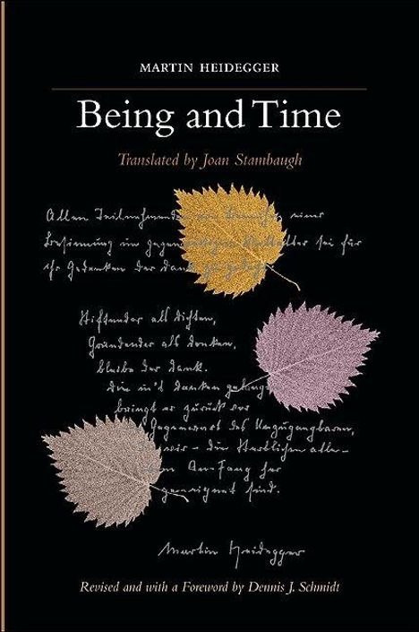 Text: "Martin Heidegger, Being and Time, Translated by Joan Stambaugh". Drei bunte Laubblätter über handschriftlichen Notizen.