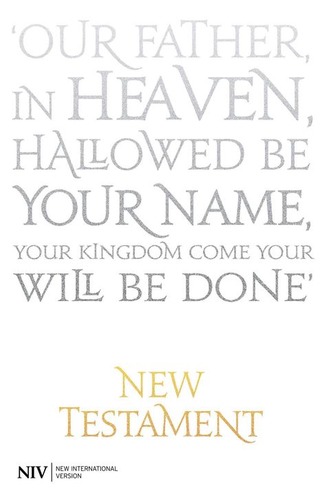 Gebetstext beginnend mit "'Our Father, in Heaven..." und "New Testament" in goldenen Buchstaben. NIV Logo unten links.