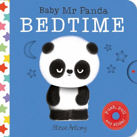 "Baby Mr Panda BEDTIME" steht oben, "Push, pull and slide!" auf rotem Kreis. Ein Panda mit Pyjama, Teddybär, Mond und Sterne.
