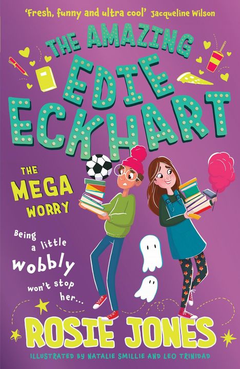 Titel: "THE AMAZING EDIE ECKHART." Bunte Illustration von zwei Kindern mit Büchern, Fußball und Geistern.