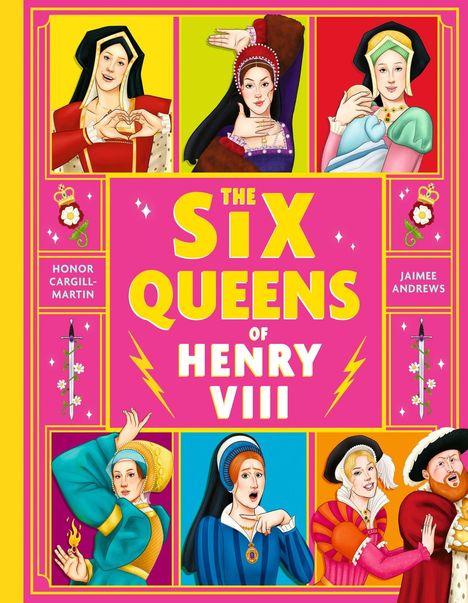 "The Six Queens of Henry VIII" in großen Buchstaben; sechs Frauen in historischen Kostümen vor buntem Hintergrund.