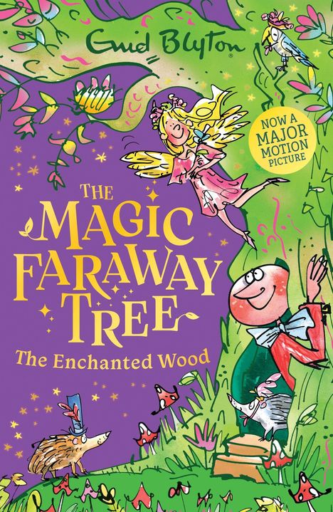 "THE MAGIC FARAWAY TREE" in gelben Buchstaben auf lila Hintergrund, mit märchenhaften Figuren und bunten Pflanzen.